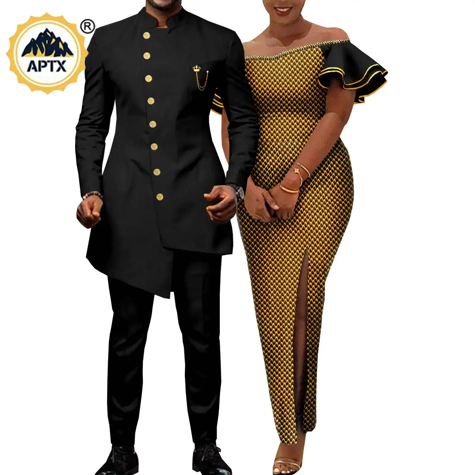 African Matching Outfits for Couples Bazin Riche Men Jackets and Pant Sets Dashiki Women Long Dresses Wedding Clothes Y23C047