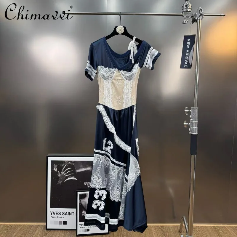

Fashion Irregular V-neck Lace Chest Splicing Insert Decoration Waist Puffy Dress For Women