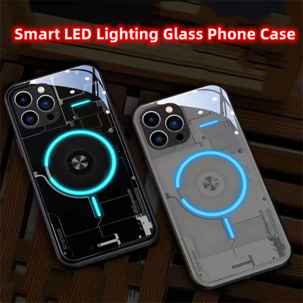 Cool Cyber Aperture Design Smart LED Light Glow Tempered Glass Phone Case For iPhone Air 17 16 15 14 13 12 11 Pro Max Plus view 5