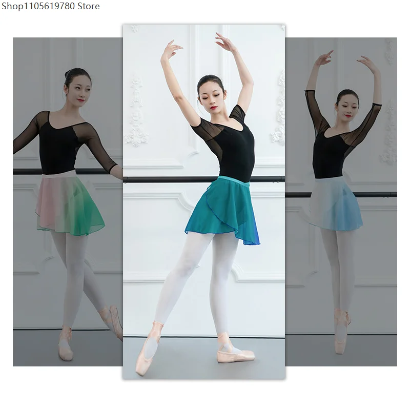 Women Elegant Dance Skirts Chiffon Gradient Irregular Tutu Skirt Translucent Short Skirts Ballerina Gymnastics Ballet Wear