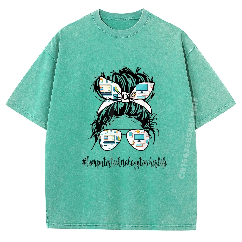 

Computer Technology Teacher Life Messy Bun Back To School Brand Clothing Youth Vintage Washed T Shirts Man