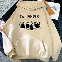 American Vintage Autumn Winter Woman Hoodies EW PEOPLE Letter Print Top Funny Harajuku Cartoon Black Cat Pattern Clothing