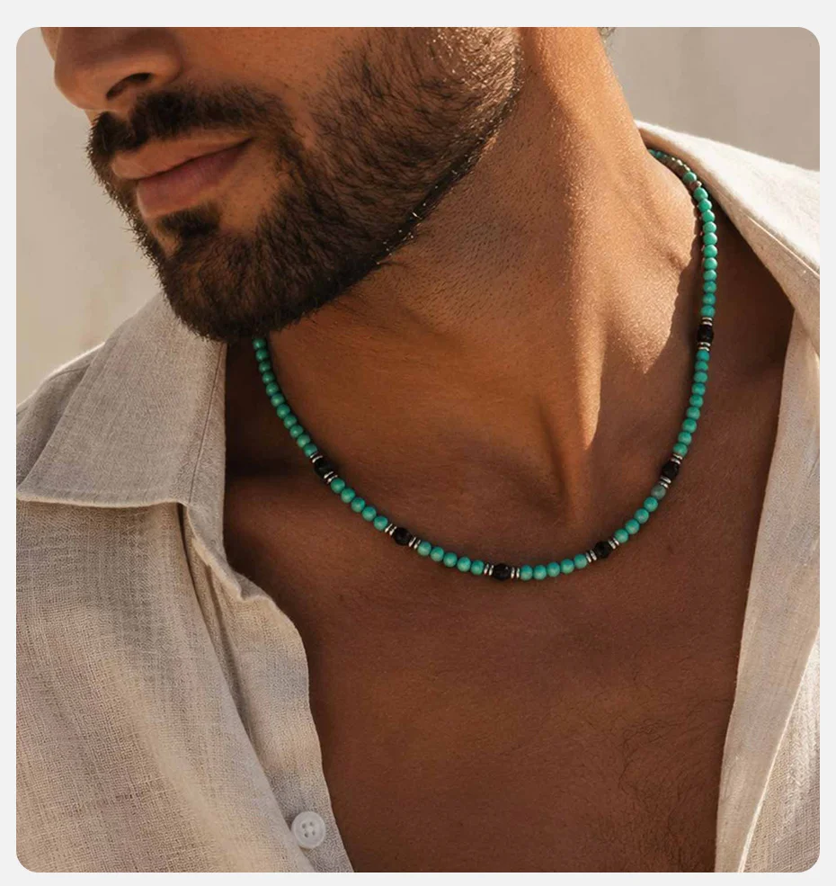 Vnox Herren-Halskette mit türkisfarbenen Perlen, verstellbare Kette im Bohemian-Stil, Punk-Hip-Hop-Schmuck, Geburtstagsparty-Geschenk für Ihn – Detail 2
