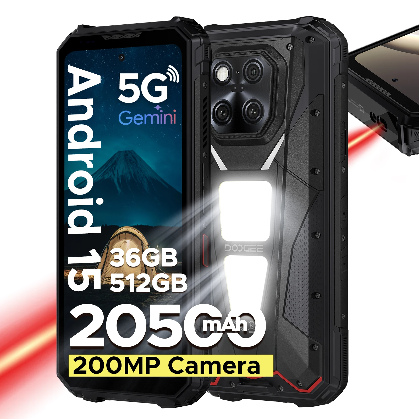 DOOGEE V Max LR 5G هاتف متين ليزر Rangefinder أضواء التخييم المزدوجة 16GB 512GB ROM 6.78 ''عرض 20500mAh بطارية الهاتف الذكي