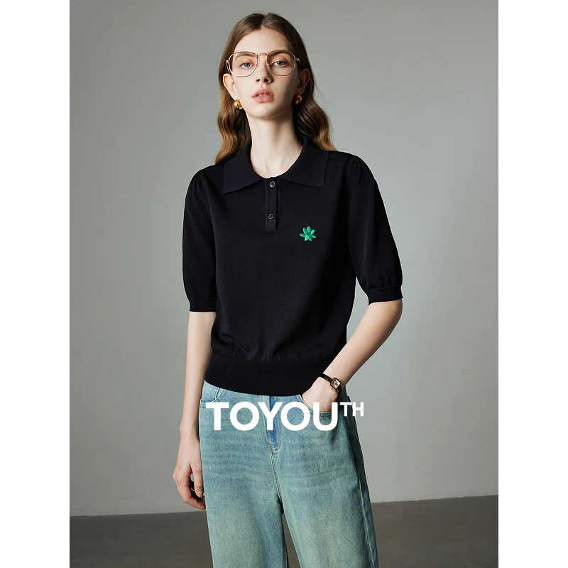 TOYOUTH Women POLO Neckline Knit Sweater 2024 Summer New Thin Top