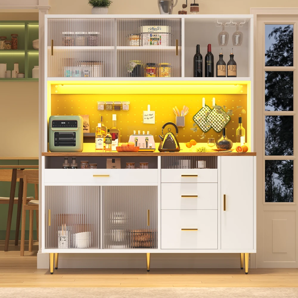 145×39×171cm hoge keukenkast voor woonkamer, eetkamerkast met LED-verlichting, dressoir met geperforeerde wandrekken