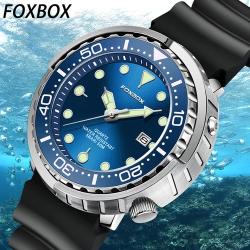 Reloj de buceo FOXBOX de marca superior a la moda para hombre, reloj de fecha resistente al agua 50ATM, relojes deportivos, reloj de pulsera de cuarzo para hombre, reloj Masculino