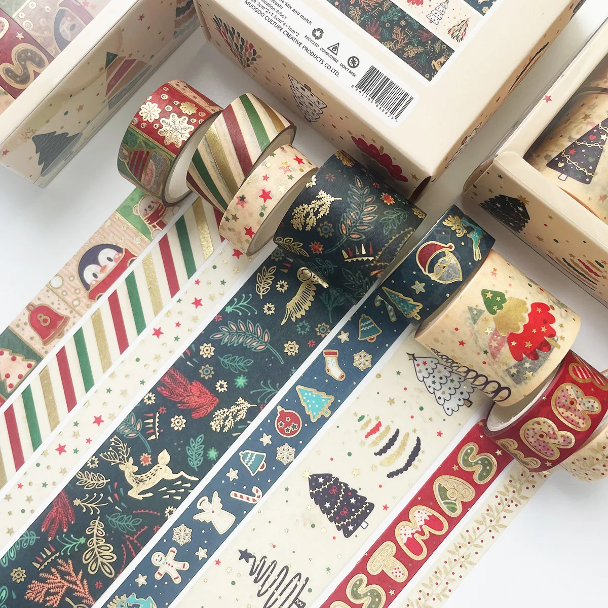 MOHAMM-Gold Foil Christmas Washi Masking Tape Set, DIY Arts Craft, Scrapbooking Projects, Gift Wrapping, 8 Rolls