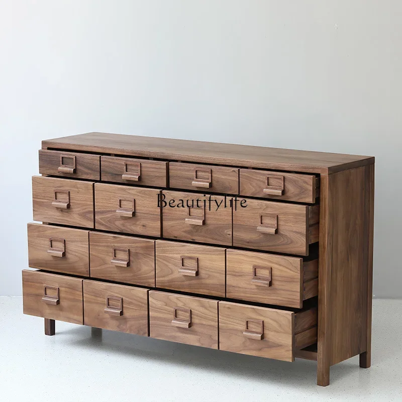 

FG44Solid Wood 12-Drawer Cabinet Nordic Simple Modern Black Walnut Wooden Hallway Drawer Storage