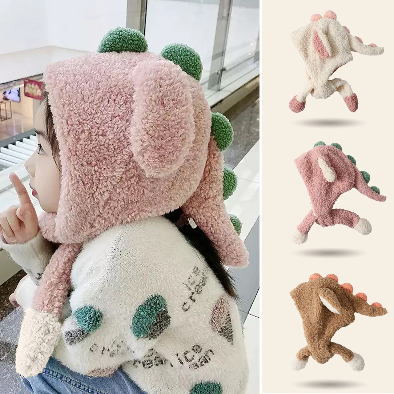 

Winter Kids Plush Scarf Hat With Movable Ears Cute Dinosaur Thermal Headgear Windproof Warm Children Ear Protection Cap 2-6Year