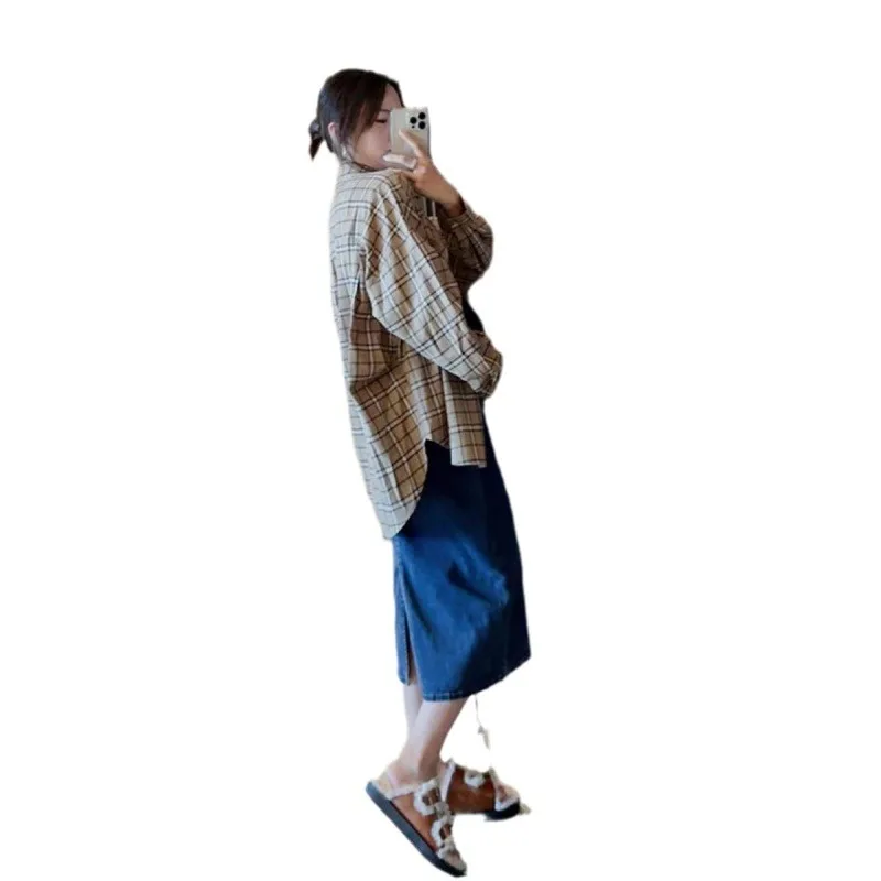 Rok Denim ibu hamil modis rok ibu hamil model A-Line wanita hamil belahan pinggang tinggi rok pensil kehamilan Panjang setumit antik