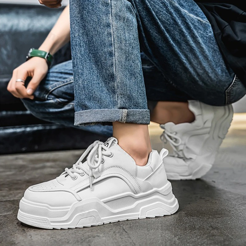 

Men's Platform White Shoes Autumn New Trend Comfortable Lace Up Casual Shoes Outdoor Non Slip Height Increase Vulcanized Shoes