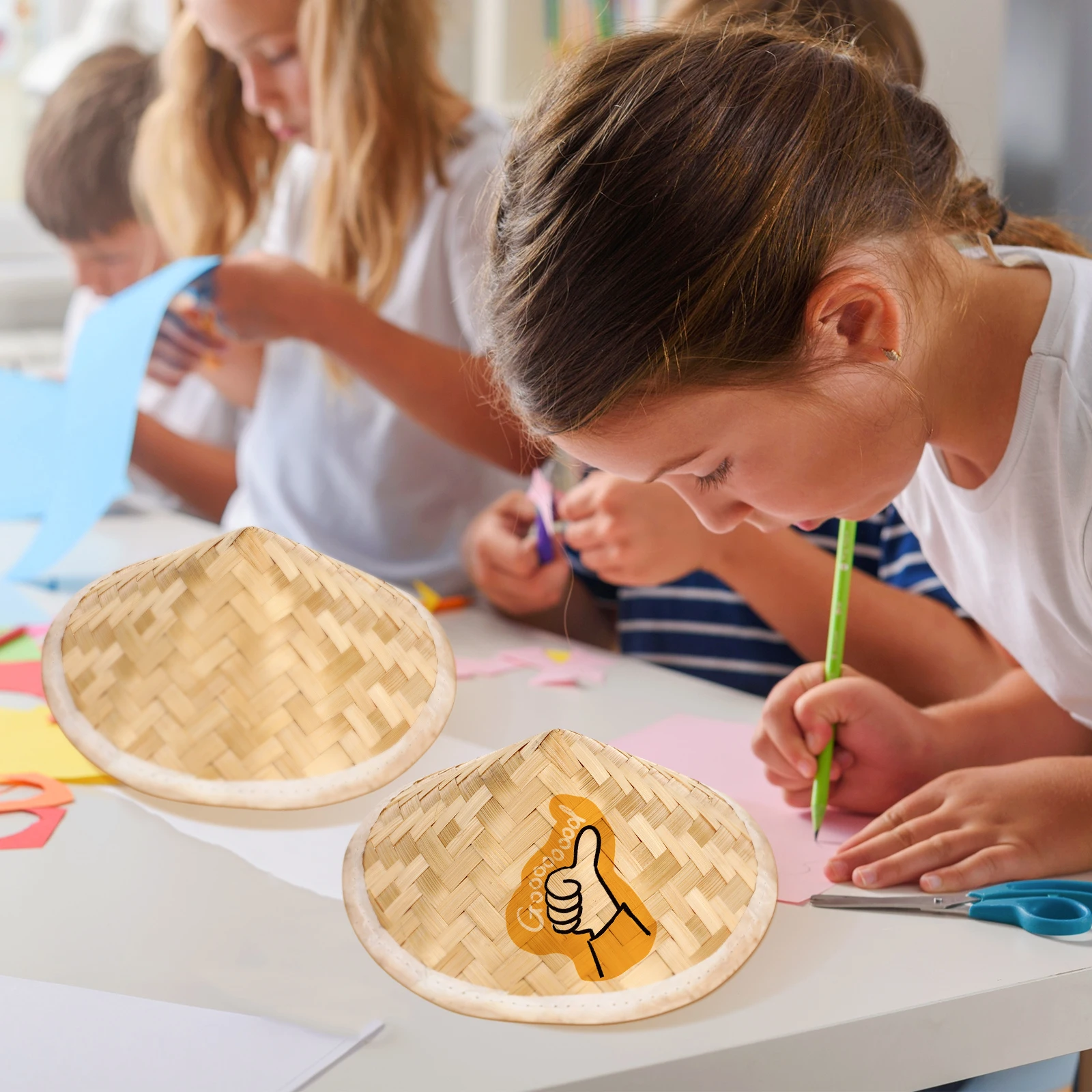 

2 Pcs Preschool Bamboo Hat Straw Creative Painting Craft Women's Clothing Kids Hats Bulk Primary Braid