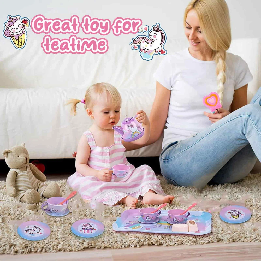 WizKidz Unicorn Tea Party Set for Little Girls Pretend Purple Tin Teapot Cups Plates Carrying Case Birthday Gift for Kids Age 3+