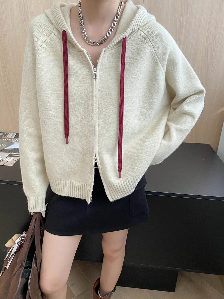 

Женский модный свободный утягивающий вязаный кардиган с двойной молнией и капюшоном на шнурке