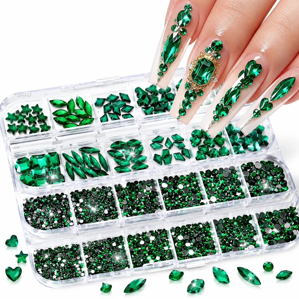 Nail Art Emerald Green - 2 pudełka/zestawy błyszczących ozdób do paznokci,