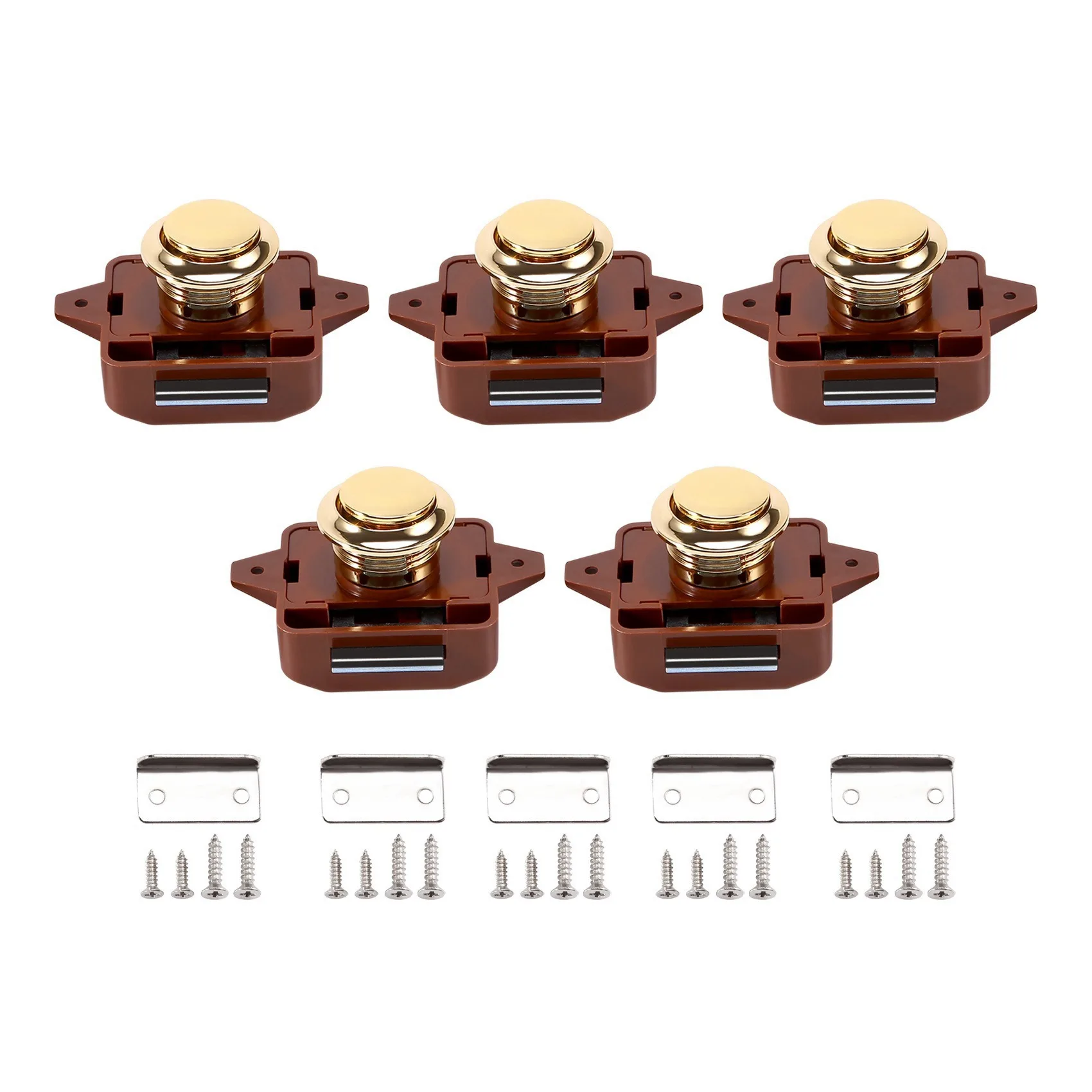 5Pcs Keyless Push Button Catch Door Knob Lock for RV Caravan Cabinet Boat Motor Home Cupboard, Brown Gold