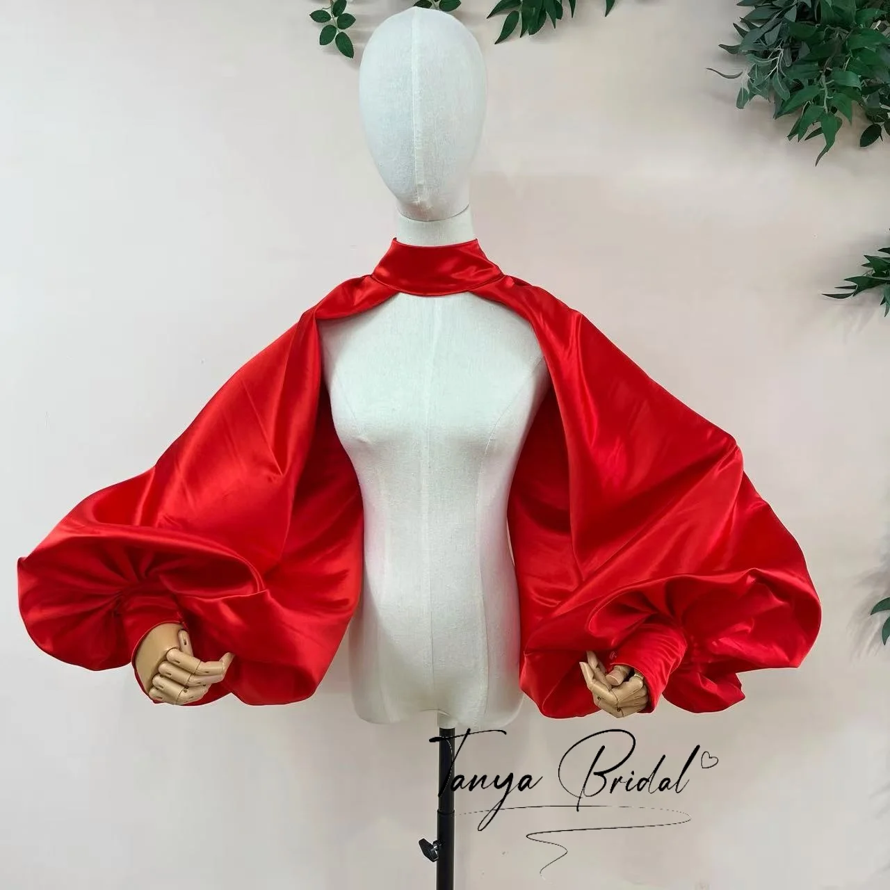 Red Satin High Neck Bolero Jacket with Giant Puff Sleeves Back Button Cape Shrug Wedding Evening Dress Cover up for Women