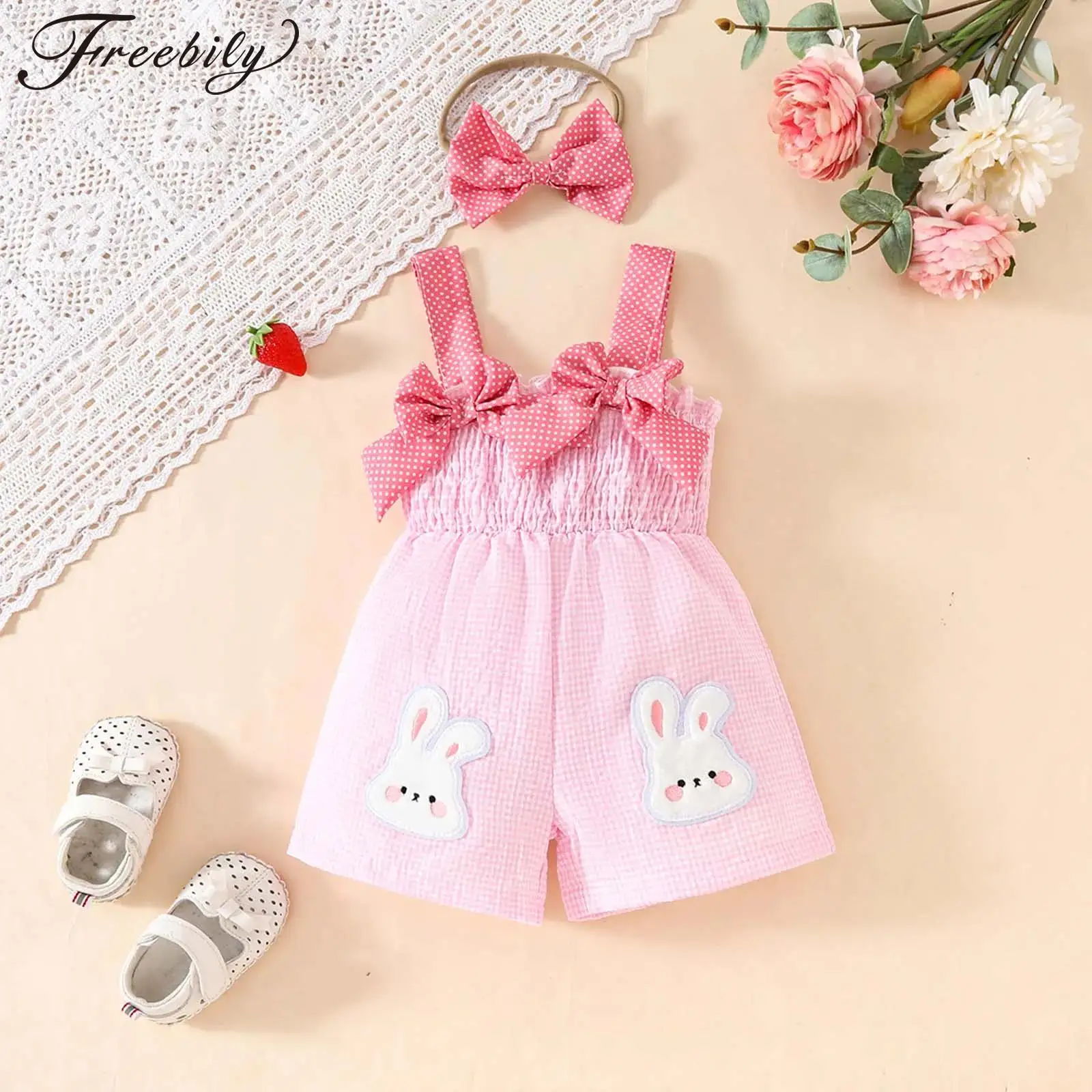 

Baby Girls Summer Sweet Cute Suspender Shorts Sleeveless Plaid Bow Printed Romper Overalls Holiday Birthday Party Infant Clothes