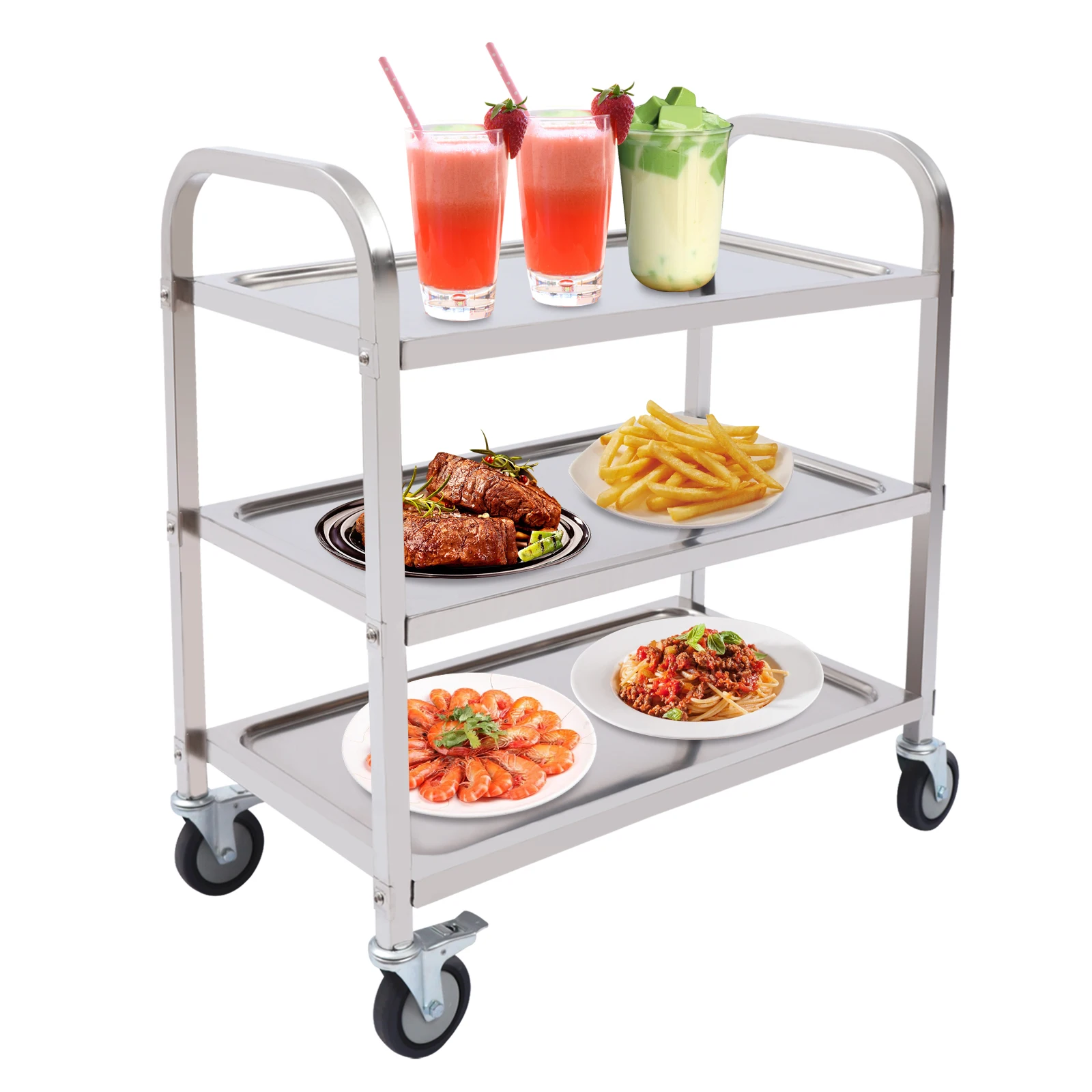 Edelstahl-Servierwagen für die Küche, 3 Etagen, 85 x 45 x 90 cm, mit 4 Universalrollen, Restaurantwagen zur Aufbewahrung und Organisation. – Detail 10