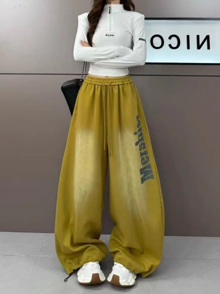 

Heavyweight Waed adient Color Letter Print Wide Leg Pants Women's Autumn Winter Fce High Street Jazz Dance Casual Knif...