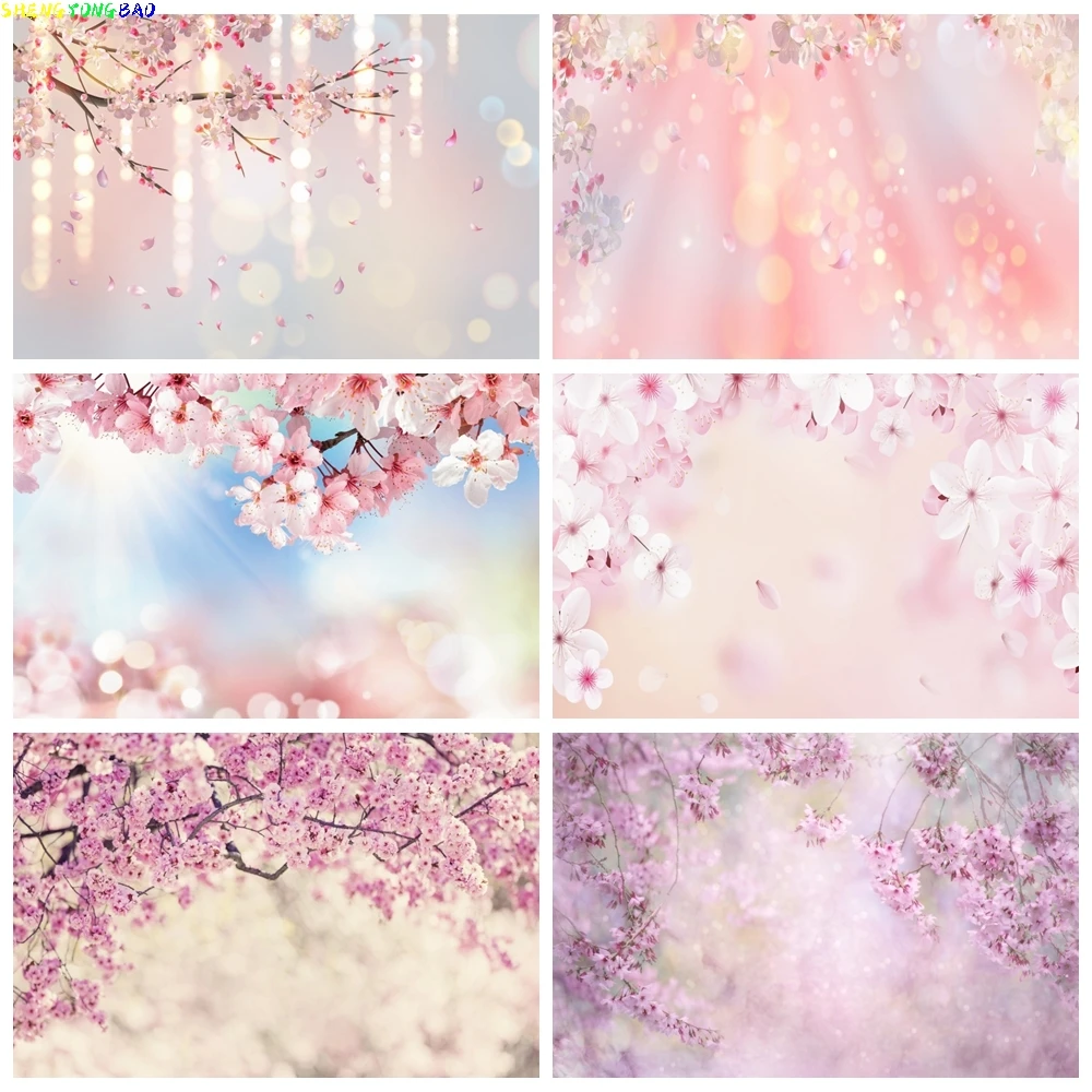 

Spring Pink Flowers Backdrop Glitter Light Bokeh Floral Cherry Blossom Newborn Baby Portrait Photography Background Photo Studio