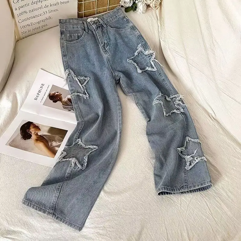 Denim Popular Ins Fashion Korean wIth Star Spring Autumn New High Waist Straight Leg Loose Fitting Jeans — zdjęcie 4