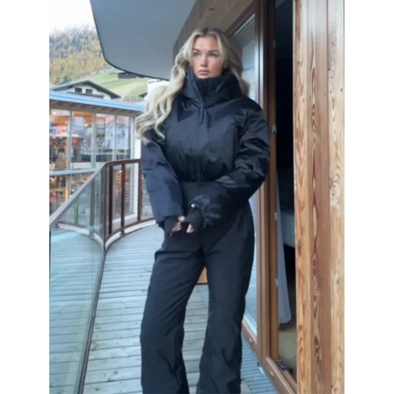 

Fashion Chic Hooded Women's Skiwear Jumpsuits Stand Collar Zipper High Waist Cotton Jumpsuit 2025 Winter Lady Warm Thick Romper