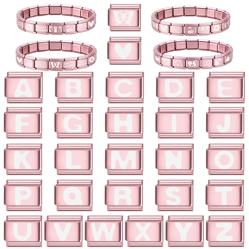 Rosa bonito gato cão coração 26 inglês A-Z letras italiano charme links caber 9mm aço inoxidável pulseira feminina diy fazendo jóias