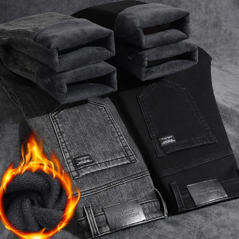 الشتاء الدافئة الجينز الرجال سليم مستقيم مطاطا الدنيم السراويل ملابس الذكور غير رسمية موضة أفخم بنطلون جديد رائجة البيع موضة الجينز #2