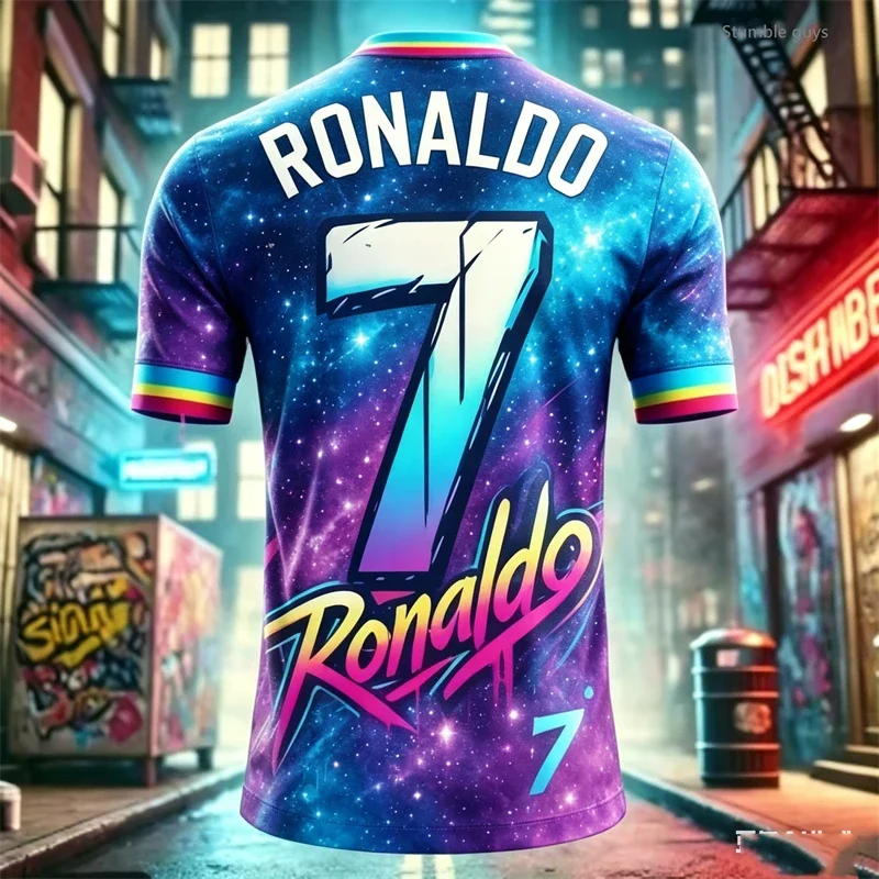 Summer Men Ronaldo 7 Portrait T-shirt Football Sportswear Short Sleeve Oversized Streetwear Tops Kids Clothes Boys