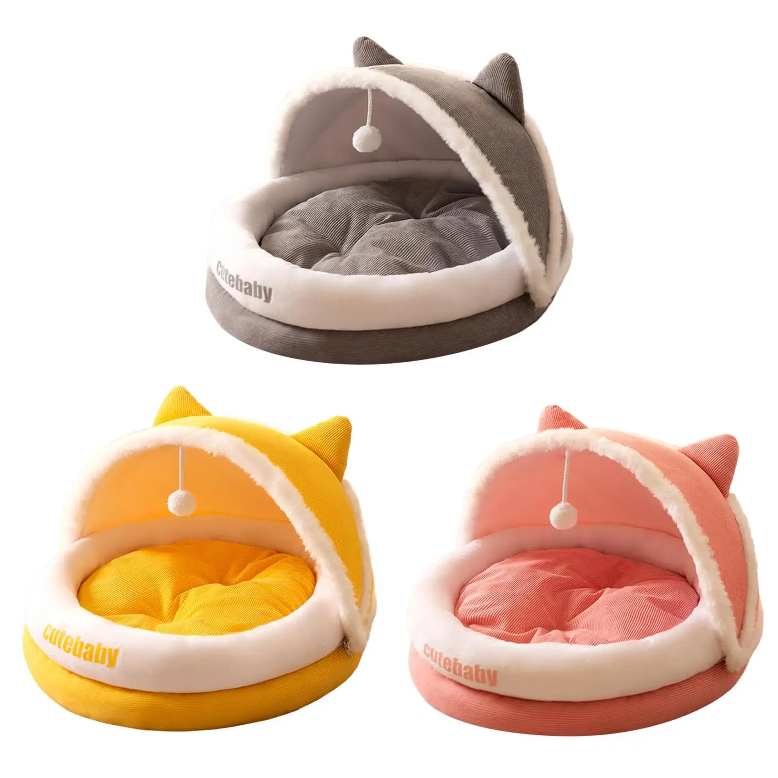 Semi Closed Dog Cat Nest Nonslip with Hanging Ball Self Warming Mattress Pet Sofa Mats Autumn Winter Cat Bed for Indoor Cats