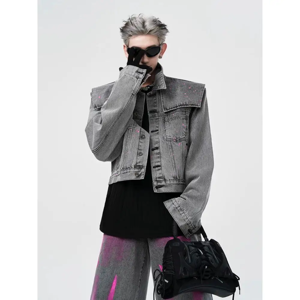 

Retro American High Street Sle Men's Denim Jaet ort Loose Fit Faion Urban ort Sve Zipper Closure ey Dyeing