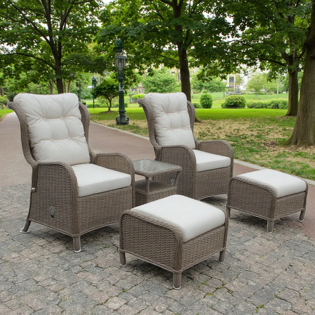 

Luxury Modern PE Wicker Steel Frame Single Recliner Single Seat Outdoor Garden Dining Chair Massage Rattan Cushion Ottoman Sets