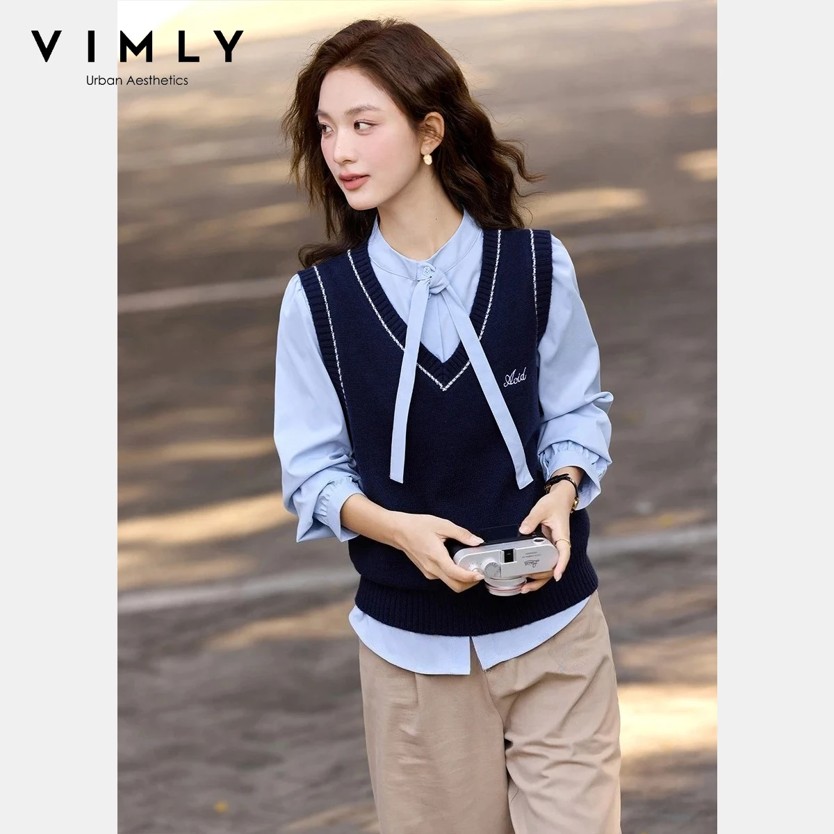 

VIMLY Women's Two-piece Set 2026 Spring New Tie Sash Shirt Navy Blue Letter Embroidery Knit Vest Casual Commute Top Suit 30617