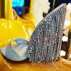 Shiny Diamond Chain Heeled Slippers Women Gorgeous Sliver Glitter High Thin Heels Shoes Open Toe Summer 2023 Sexy Ladies Slides