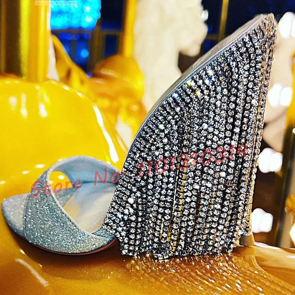 Shiny Diamond Chain Heeled Slippers Women Gorgeous Sliver Glitter High Thin Heels Shoes Open Toe Summer 2023 Sexy Ladies Slides