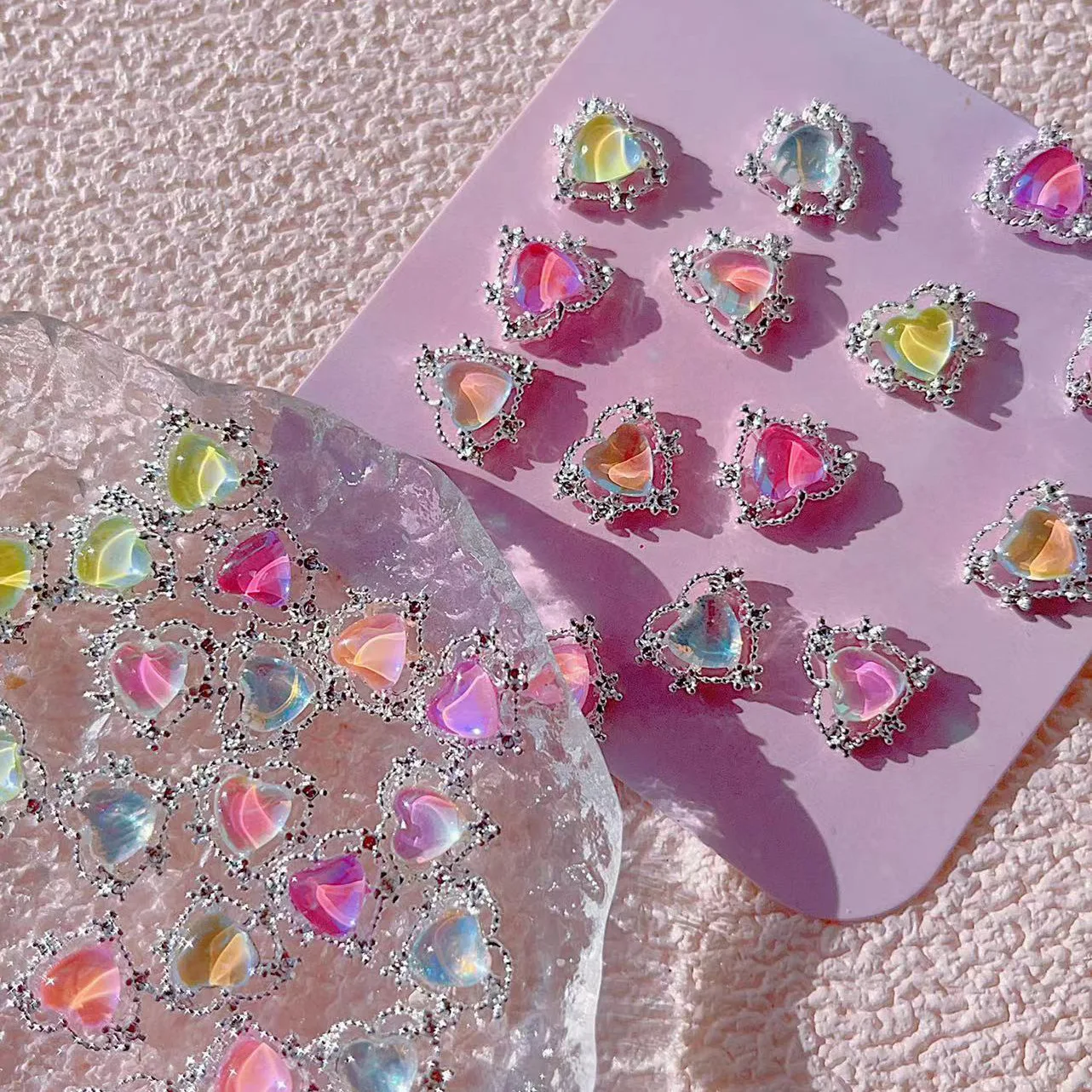 10Pcs Heart Shaped Nail Art Charms Aurora Love Gems Alloy Accessories  Jewelry For Manicure Multi-Colors Nail Rhinestone Decorat