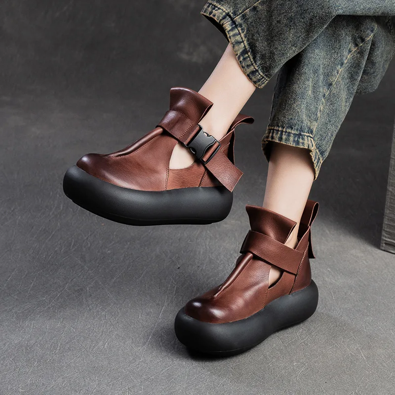 

GKTINOO 2024 Luxury Design Chunky Platform Shoes Women Literary Style Round Toe Genuine Cow Leather Buckle Gladiator Sandals