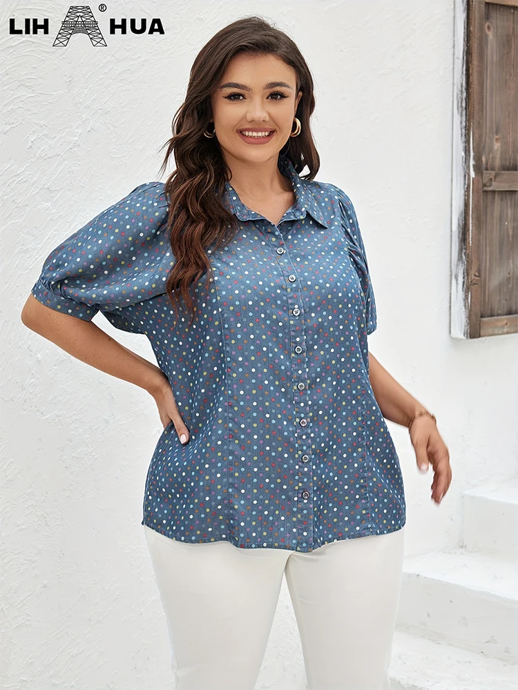 LIH HUA-Camisa vaquera de talla grande para mujer, camisa elegante de verano para mujer, camisa tejida de algodón