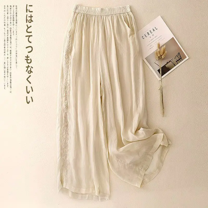 

Spring and summer women's pants new solid color casual Chinese style embroidered loose nine-point wide-leg pants