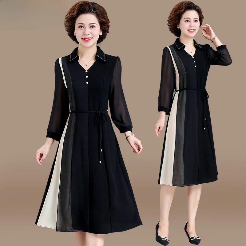 

Faionable Autumn Dr Mommy Chic ly Women's Clothing Spring Autumn Long Splice Skirt V-ne Midi Dr Polyester