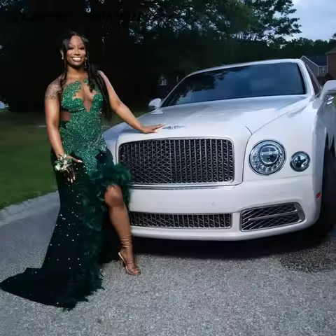 EVLAST Customized Nigerian Emarld Green Traditional Prom Dress High Slit Beading Evening Dress African Aso Ebi Party Gown E2P567