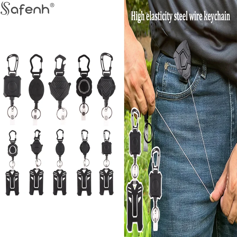 

1*Retractable Badge Holder Heavy Duty Badge Clip Carabiner Keychain ID Card Holder Outdoor Steel Wire Rope Buckle Spring Keyring