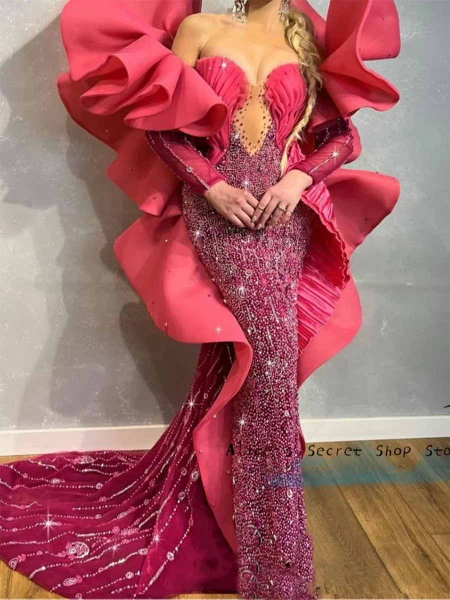 

Luxury Sweetheart Sequined Sleeveless Mermaid Prom Dresses Off The Shoulder Full Sleeve Evening Dress Customzied