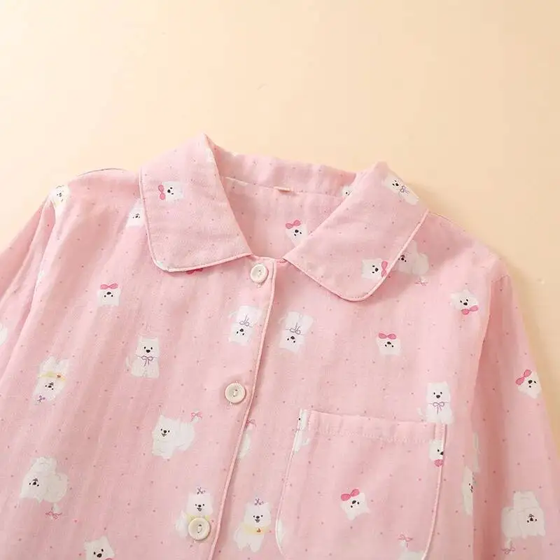 

Простой стильный хлопковый пижамный комплект, двухслойная марлевая женская домашняя одежда, милый милый осенне-летний пижамный костюм