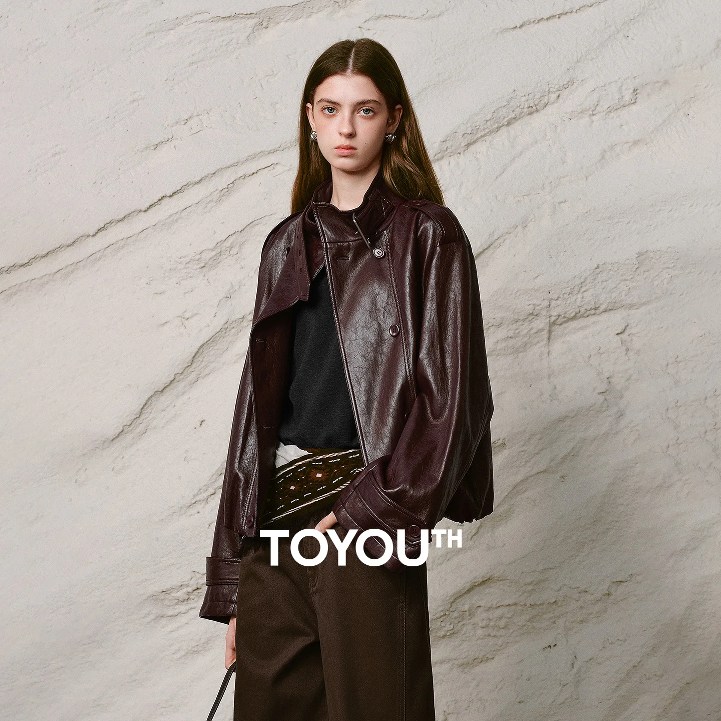 TOYOUTH Women Faux Leather Jacket 2026 Winter New Stand Collar Metal Buckle Cool Loose Outerwear