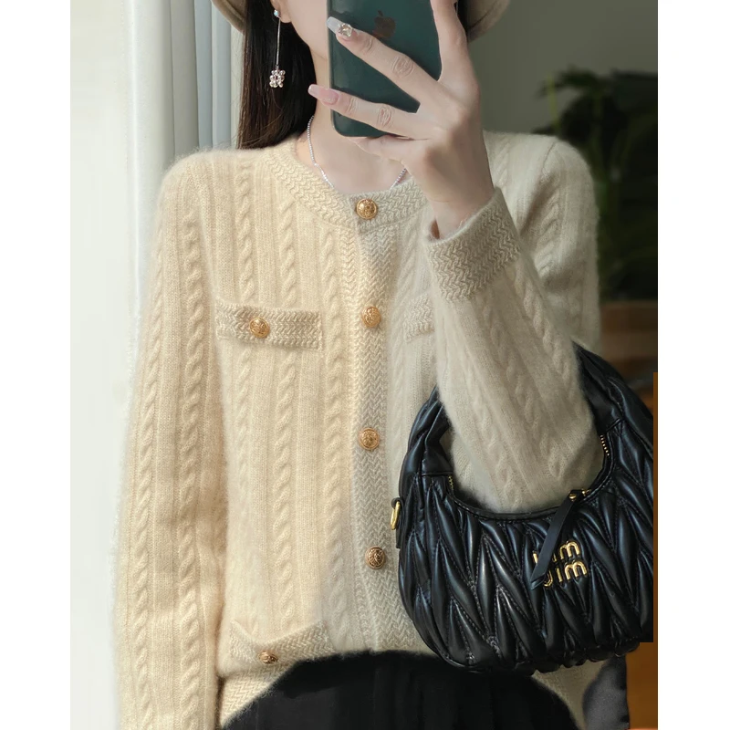 100% Merino Wool Cardigan Women\'s Round Neck Thick Autumn Winter Fashion Solid Color Pocket Elegant Knitted Jacket Sweater Top