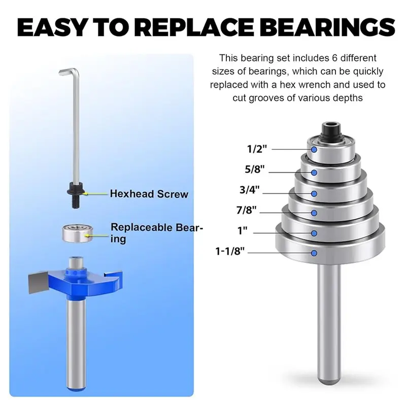 Cortador de vários depências ajustável A25F - conjunto de brocas de roteador de rabbeting de 4 peças de haste de 1/4 de polegada com 6 rolamentos incluídos