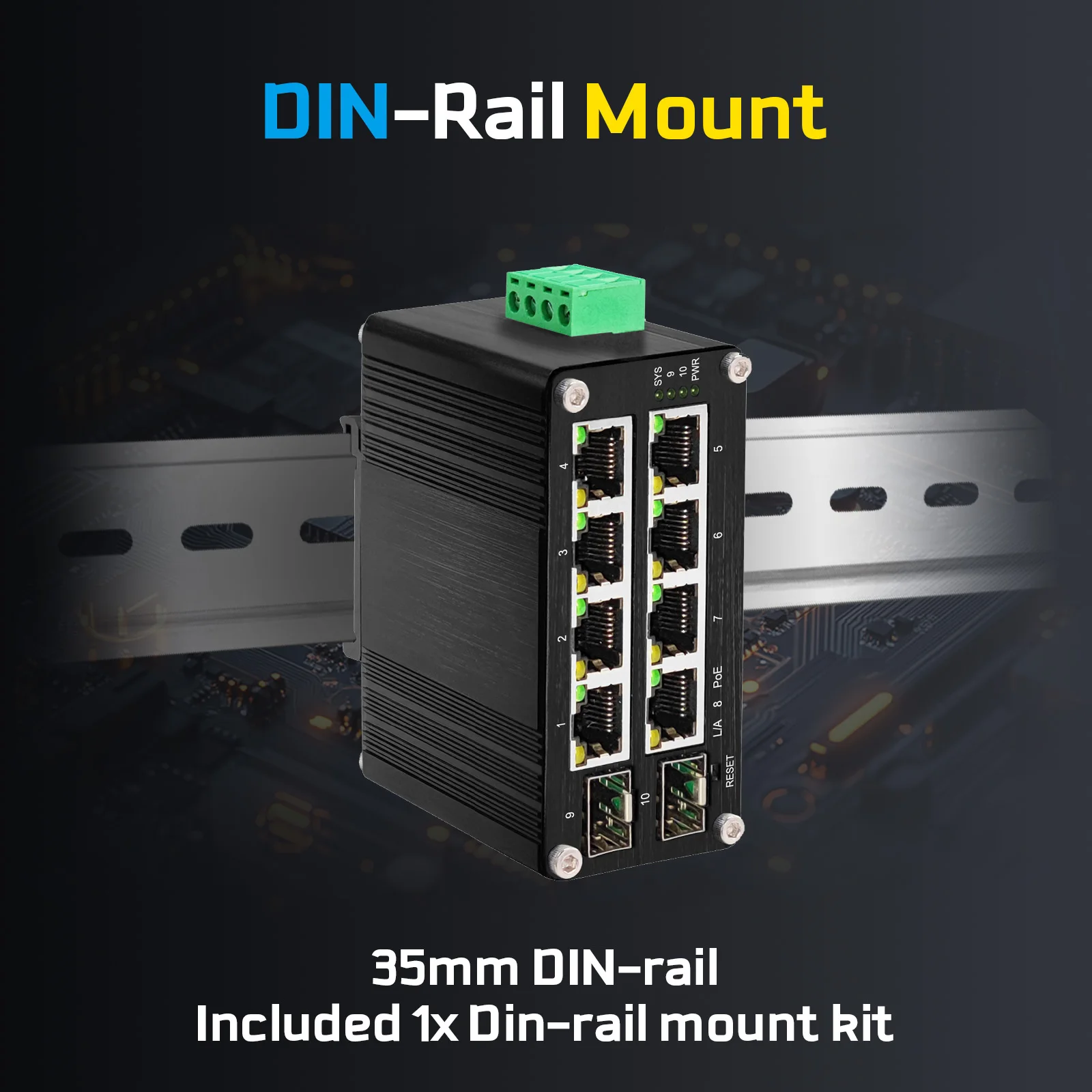 Mini industrial 8 puertos RJ45 2 SFP Gigabit Ethernet PoE Switch Ranura SFP, carril Din, compatible con WEB, QOS, VLAN, IGMP